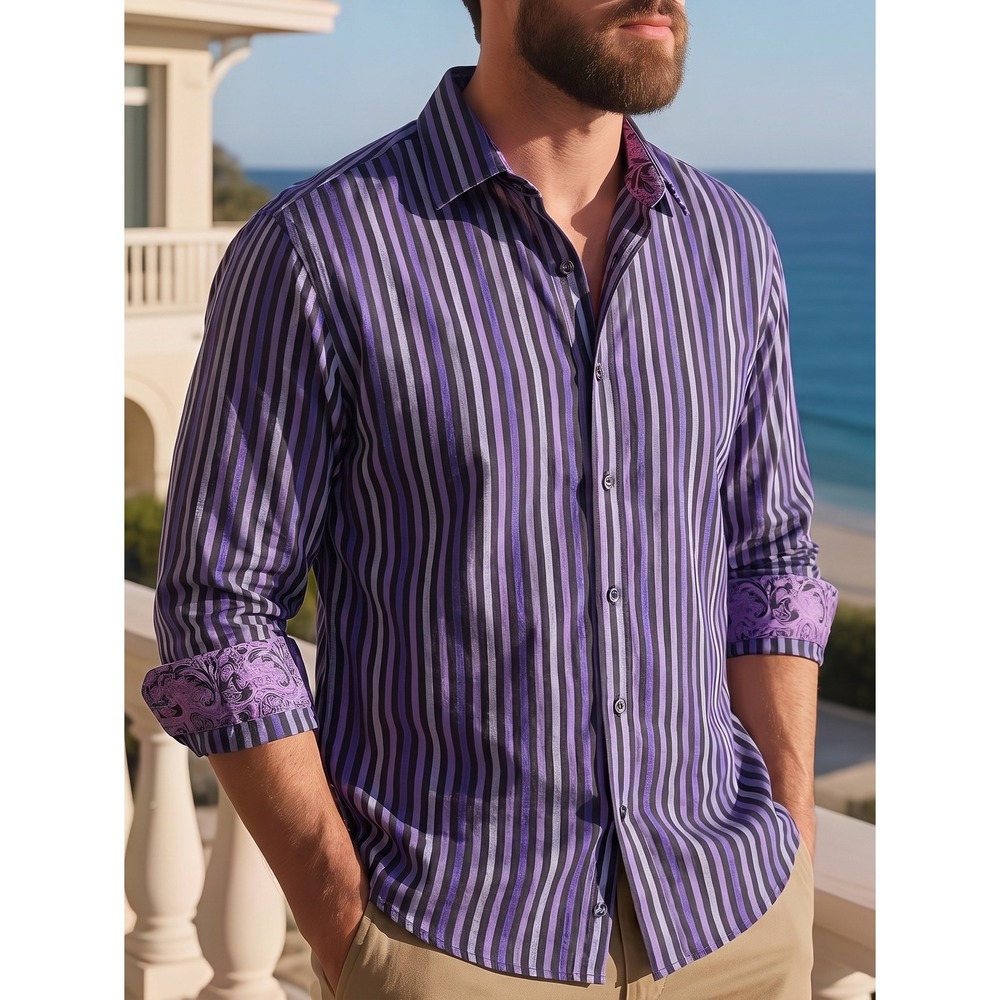 Robert Graham Striped Button Down Shirt Purple Black Paisley Cuffs Men XL